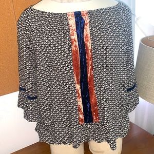 THML ruffled blouse velour stripes down center